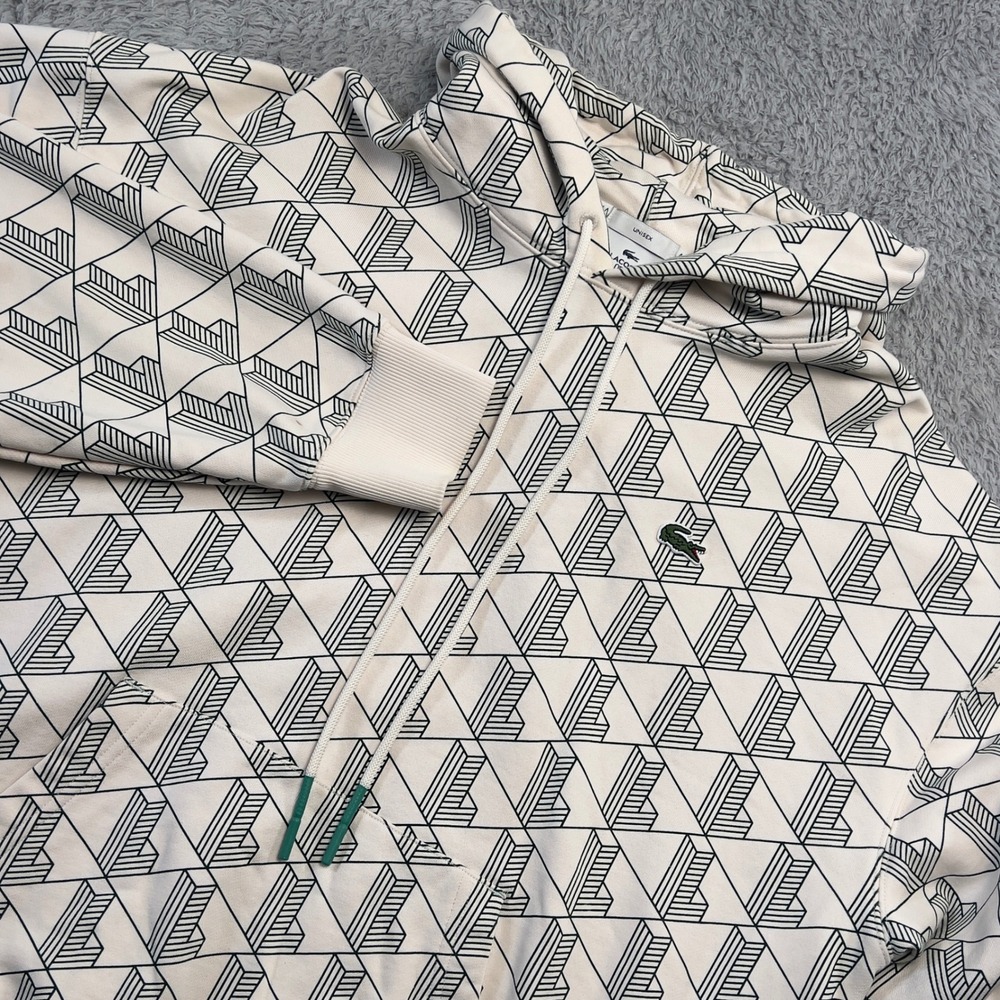 Lacoste Live Geometric Monogram Hoodie Unisex Large Loose Fit Cream Green SH2753